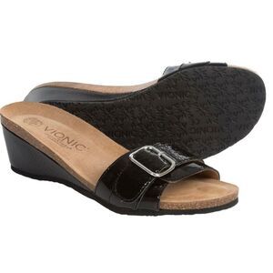 VIONIC Ariana Black Patent Leather Slide Sandal Size 8